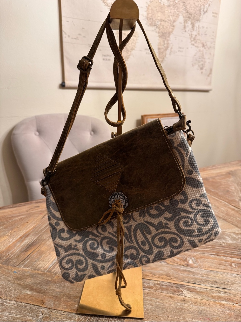 Myra Leather-Trim Brown Patterned Crossbody Bag